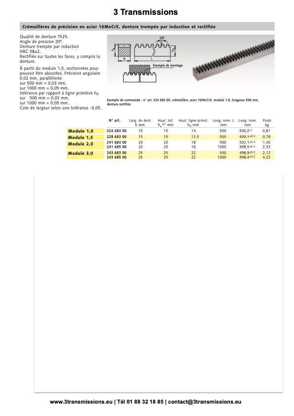 Crémaillère acier à denture traitée