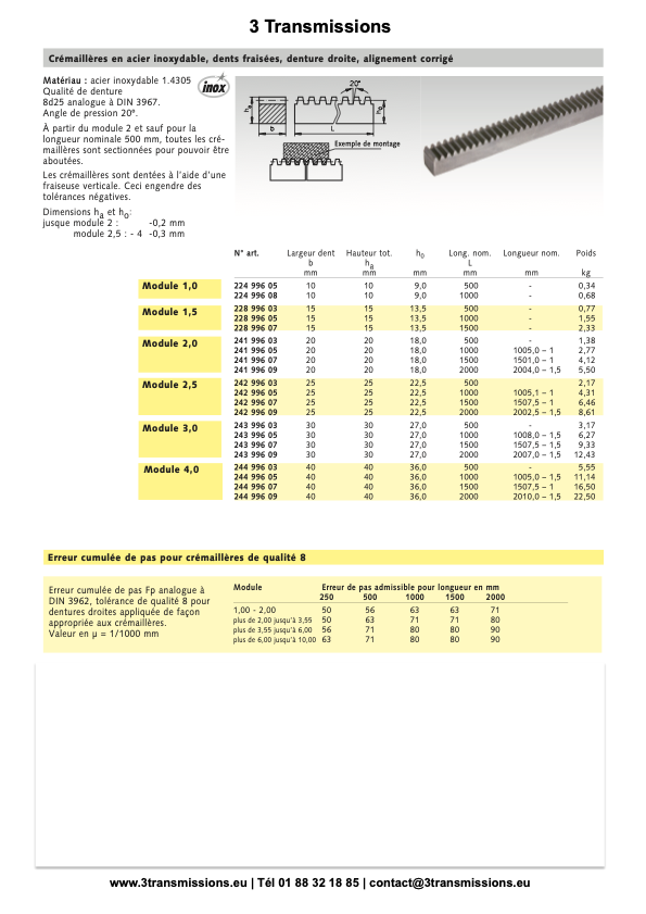 Crémaillère acier inoxydable denture droite